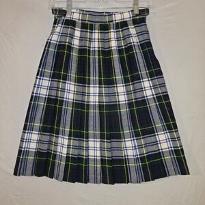 Pure New Wool Kilt Skirt 12 Kids Blue Green Plaid Pleated Vintage